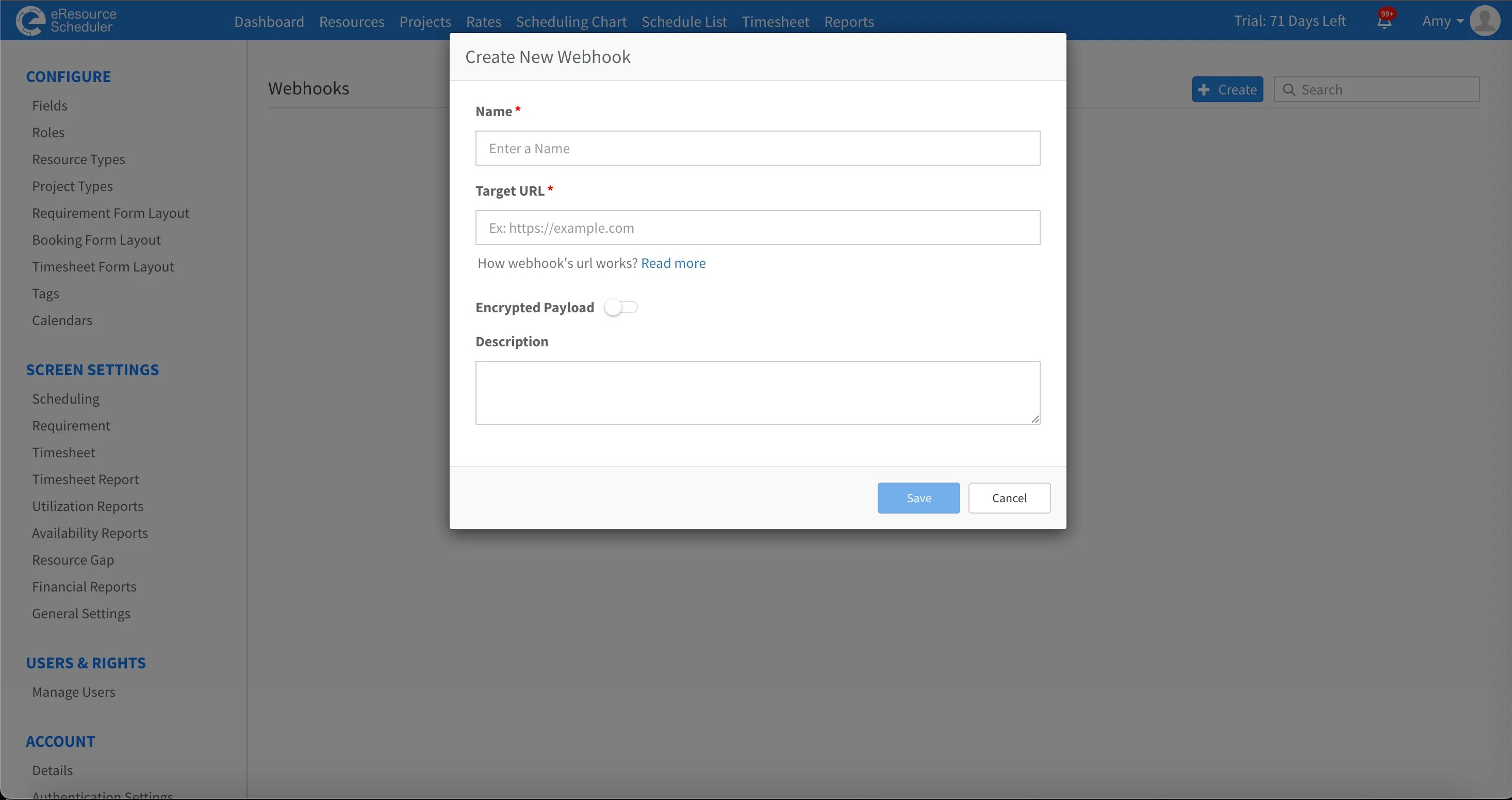 Webhook setup form showing name, URL, and trigger configuration